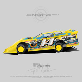 Yellow number 14 Dirt Late Model Wrap Layout