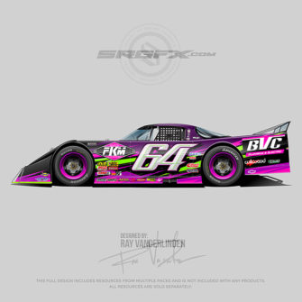 A purple, green and florescent pink , number 64 Asphalt outlaw late model vector racing graphic wrap layout.