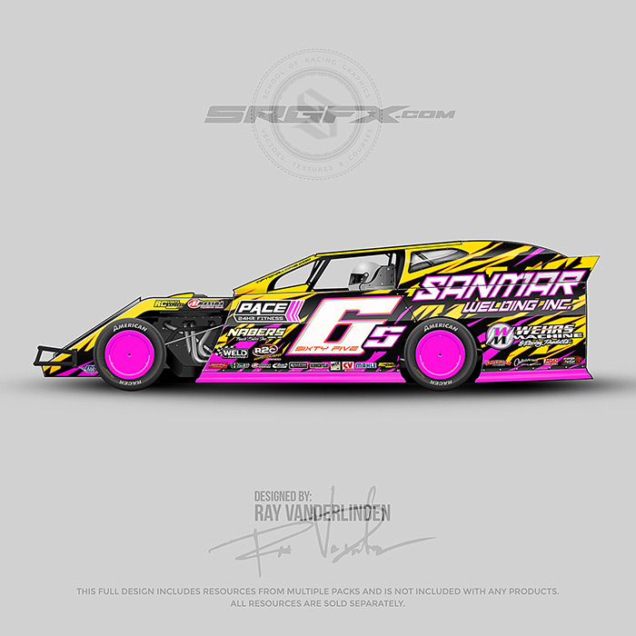 A yellow, pink and black, number 65 dirt modified vector racing graphic wrap layout.