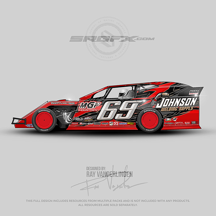 A Red, black, gray and gold number 69 dirt modified vector racing graphic wrap layout. All resources for this racing wrap design are available at schoolofracinggraphics.com.
