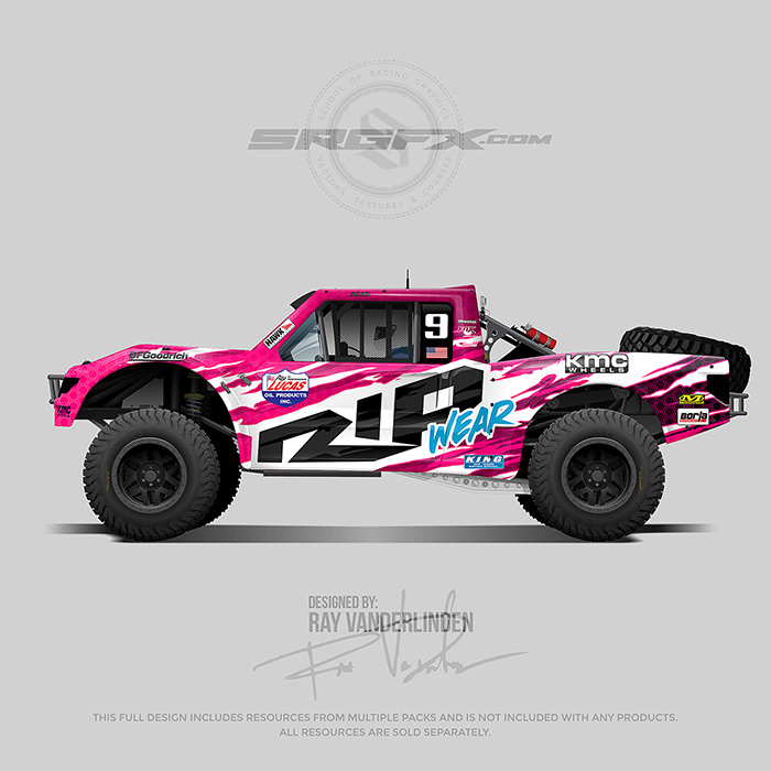 A pink, black, and white number 9 stadium truck vector racing graphic wrap layou