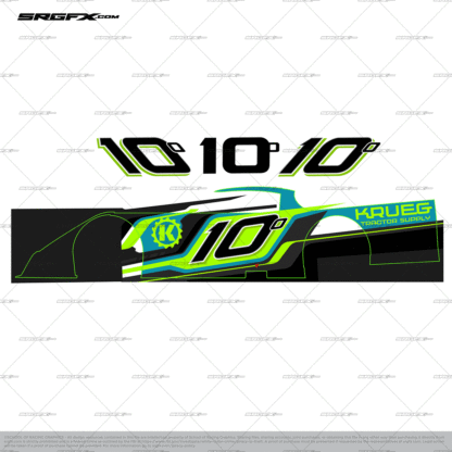 A neon green, black, and teal number 100 Asphalt Outlaw Late Model racing graphic wrap layout