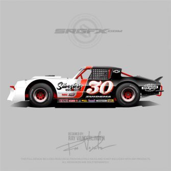 Red black and white number 30 camaro street stock wrap design
