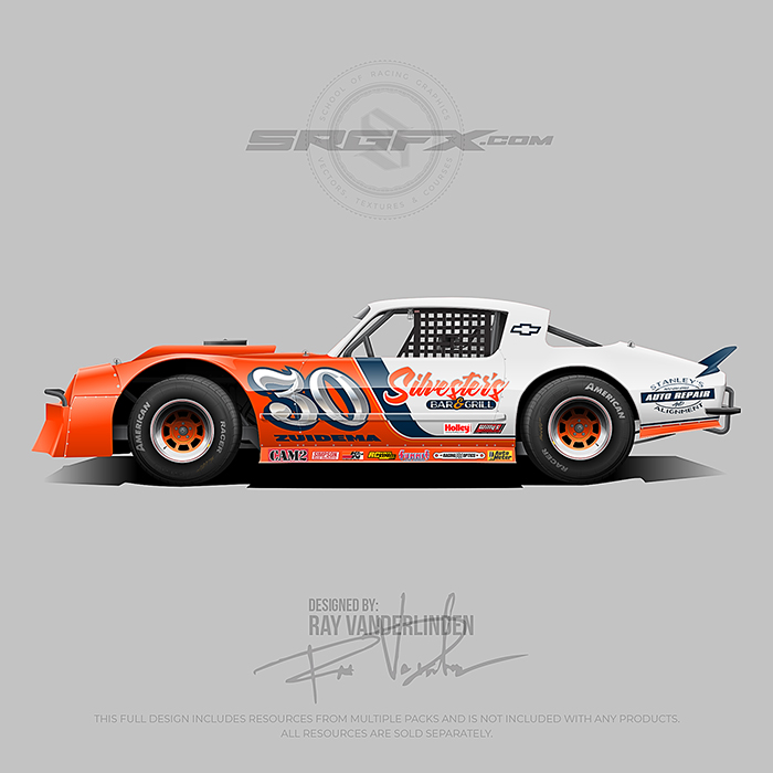 An orange and white racing wrap layout for asphalt and dirt street stocks.
