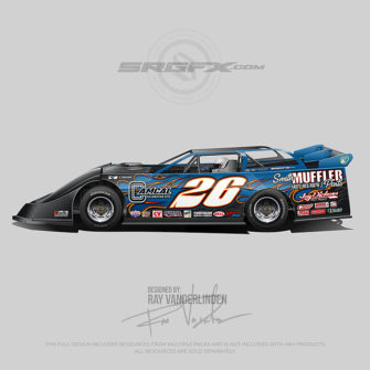 A blue and black number 26 Dirt Late Model Wrap design with flames and fire.