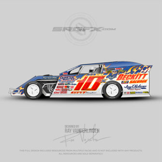 A blue and white Dirt Modified with flame tip graphics.