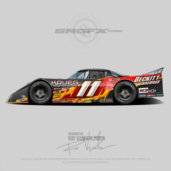 A red, yellow and black number 11 Asphalt Outlaw Late Model wrap design