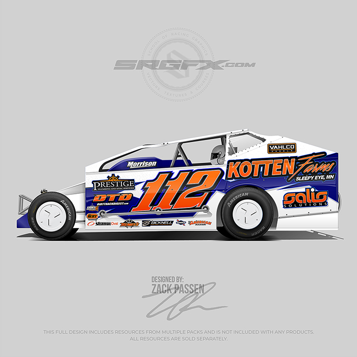 A white, blue and orange number 112 East Coast Modified vector racing graphic wrap layout.