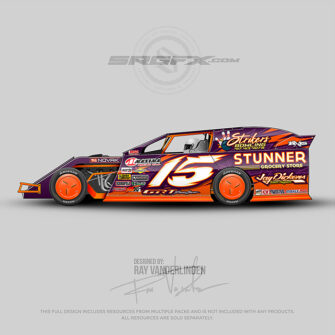 A purple and orange number 15 Dirt Modified wrap design.