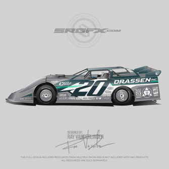 A teal, silver and white geometric camouflage Dirt Late Model wrap layout