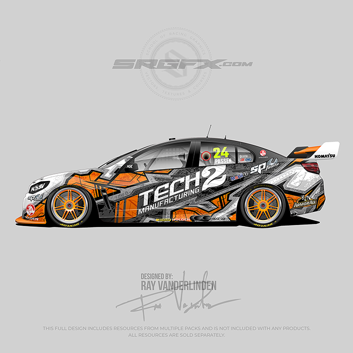 An orange, black and white V8 Super Car using SRGFX Racing Graphic 124