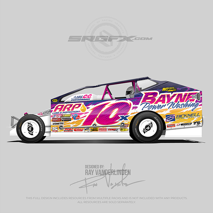 A magenta, yellow and blue Bayne Power Wasing 2022 East Coast Modified